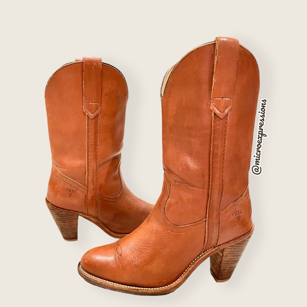 VINTAGE 1980's Frye Pull On Cognac Brown Leather Cowgirl Southern Heeled Boot - Picture 14 of 14